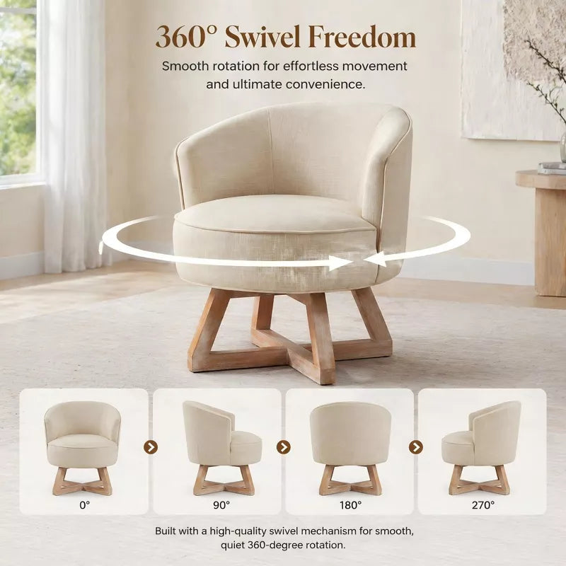 Linen Swivel Chair, 360° Rotating Accent Chair with Wooden Base for Living Room, Bedroom & Office