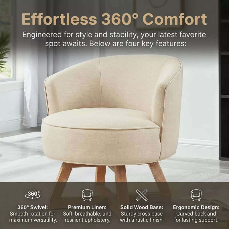 Linen Swivel Chair, 360° Rotating Accent Chair with Wooden Base for Living Room, Bedroom & Office