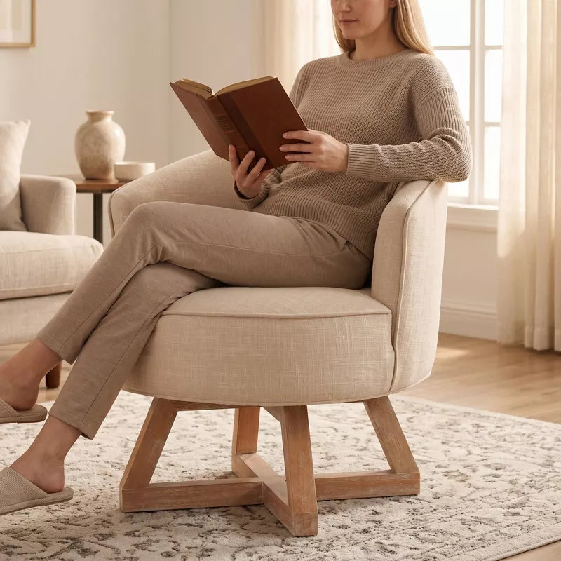 Linen Swivel Chair, 360° Rotating Accent Chair with Wooden Base for Living Room, Bedroom & Office