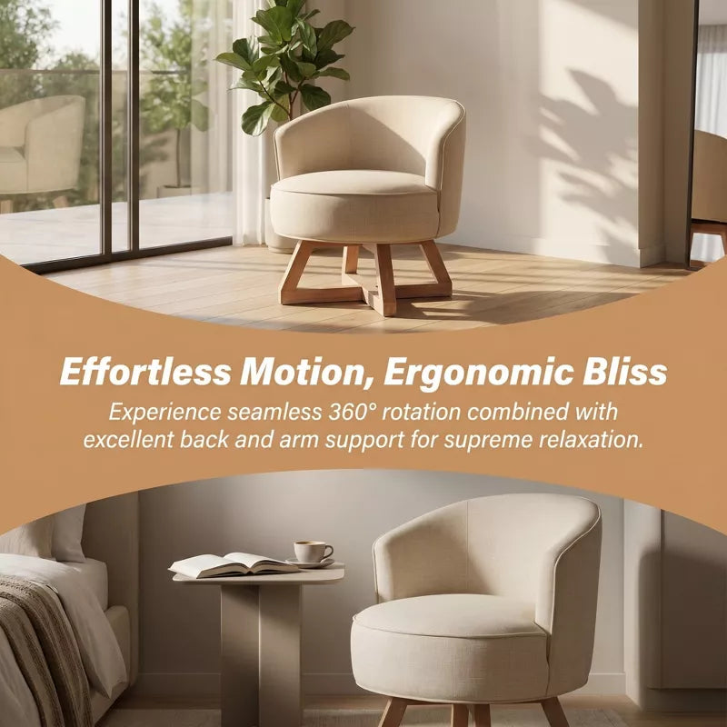 Linen Swivel Chair, 360° Rotating Accent Chair with Wooden Base for Living Room, Bedroom & Office