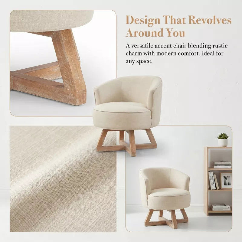 Linen Swivel Chair, 360° Rotating Accent Chair with Wooden Base for Living Room, Bedroom & Office