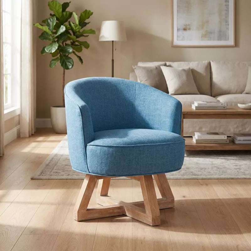 Linen Swivel Chair, 360° Rotating Accent Chair with Wooden Base for Living Room, Bedroom & Office