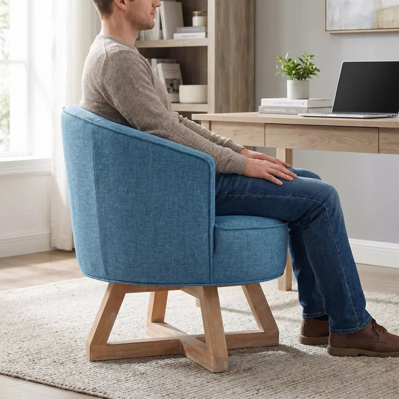 Linen Swivel Chair, 360° Rotating Accent Chair with Wooden Base for Living Room, Bedroom & Office