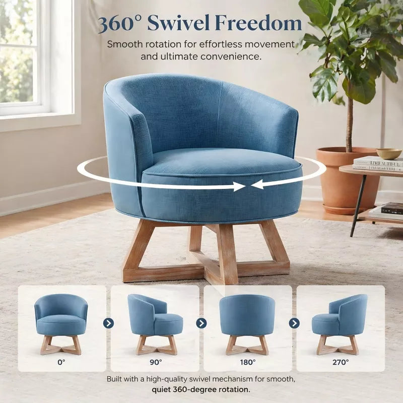 Linen Swivel Chair, 360° Rotating Accent Chair with Wooden Base for Living Room, Bedroom & Office