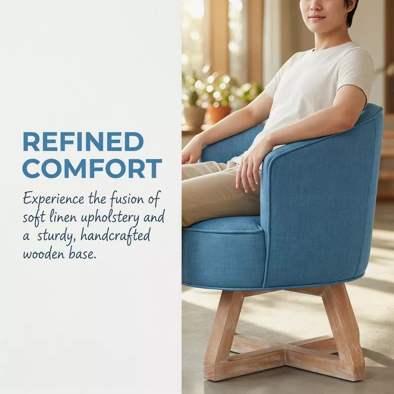 Linen Swivel Chair, 360° Rotating Accent Chair with Wooden Base for Living Room, Bedroom & Office