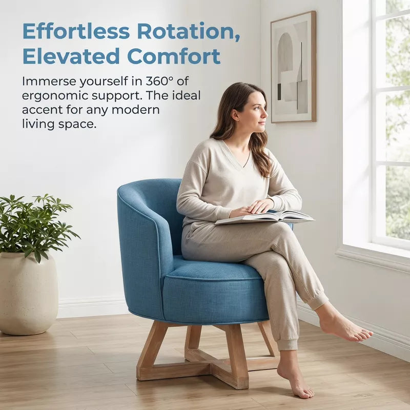Linen Swivel Chair, 360° Rotating Accent Chair with Wooden Base for Living Room, Bedroom & Office