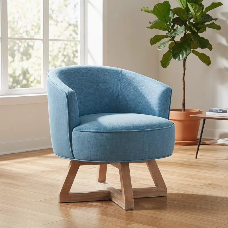 Linen Swivel Chair, 360° Rotating Accent Chair with Wooden Base for Living Room, Bedroom & Office