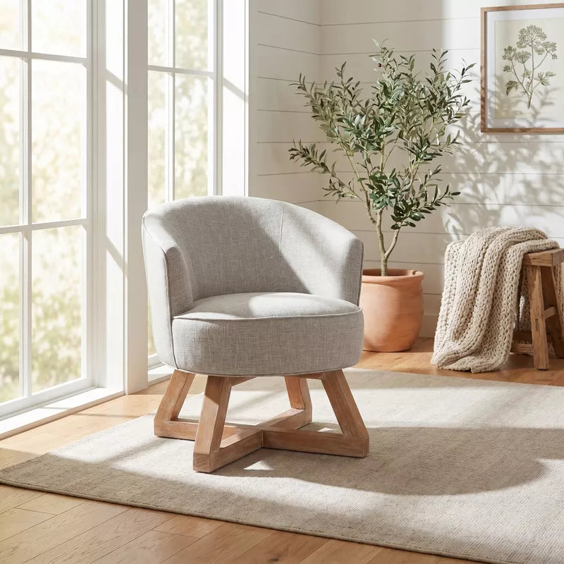 Linen Swivel Chair, 360° Rotating Accent Chair with Wooden Base for Living Room, Bedroom & Office