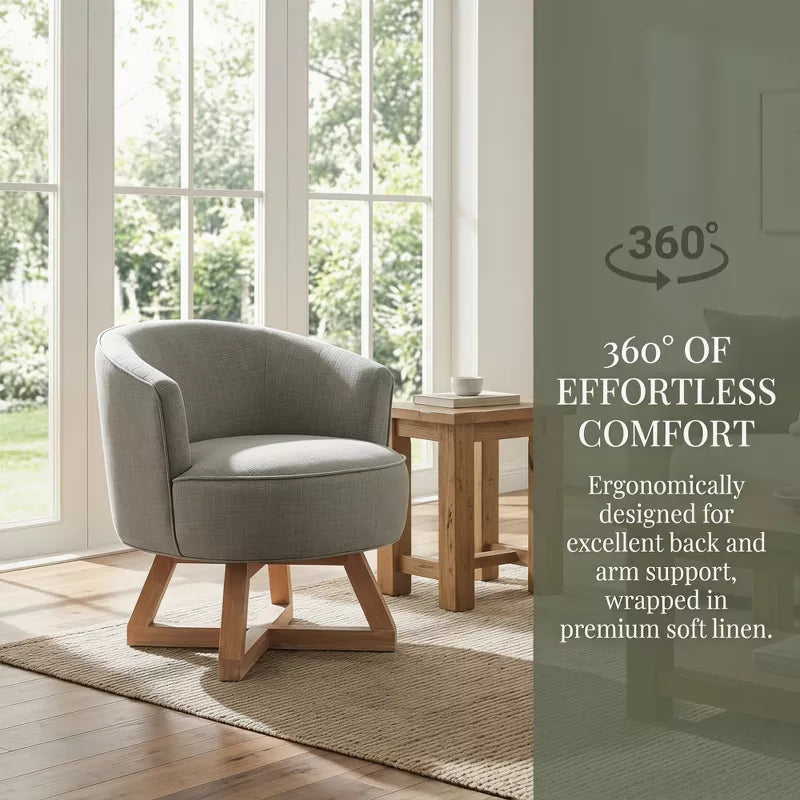Linen Swivel Chair, 360° Rotating Accent Chair with Wooden Base for Living Room, Bedroom & Office