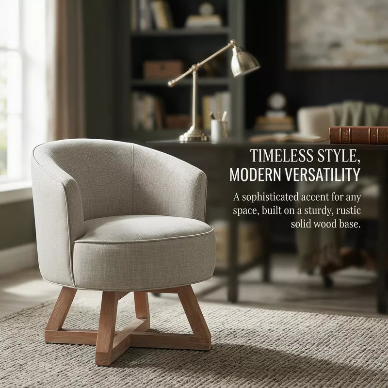 Linen Swivel Chair, 360° Rotating Accent Chair with Wooden Base for Living Room, Bedroom & Office