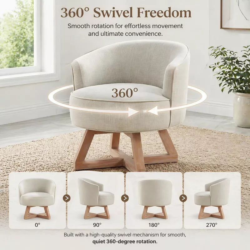 Linen Swivel Chair, 360° Rotating Accent Chair with Wooden Base for Living Room, Bedroom & Office