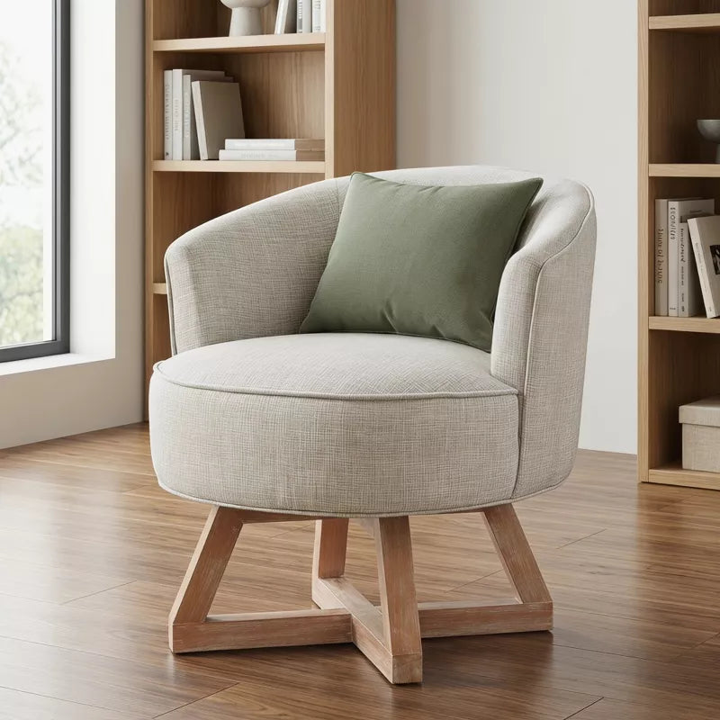 Linen Swivel Chair, 360° Rotating Accent Chair with Wooden Base for Living Room, Bedroom & Office