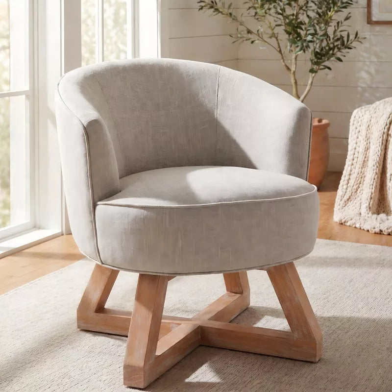Linen Swivel Chair, 360° Rotating Accent Chair with Wooden Base for Living Room, Bedroom & Office