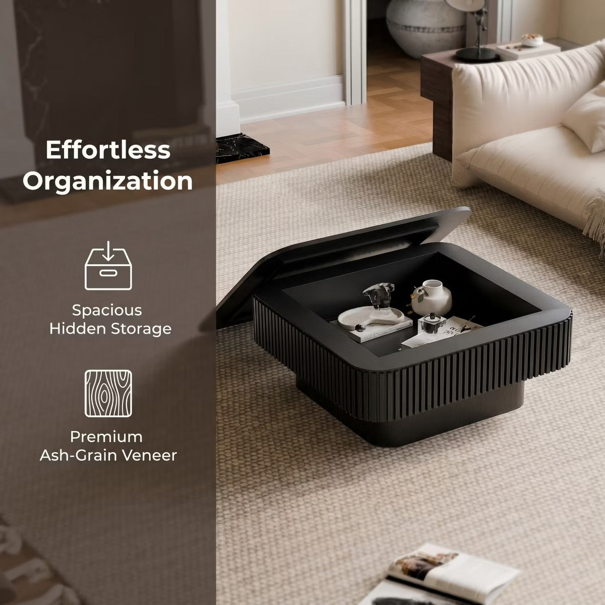Storage Coffee Table, 31.5-Inch Square with Hidden Flip-Top Lid
