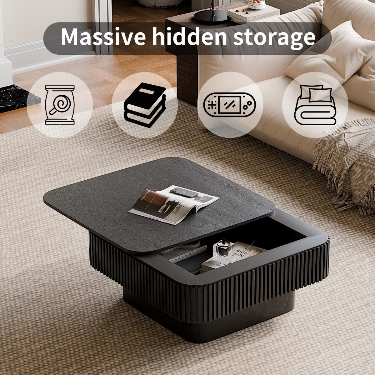 Storage Coffee Table, 31.5-Inch Square with Hidden Flip-Top Lid
