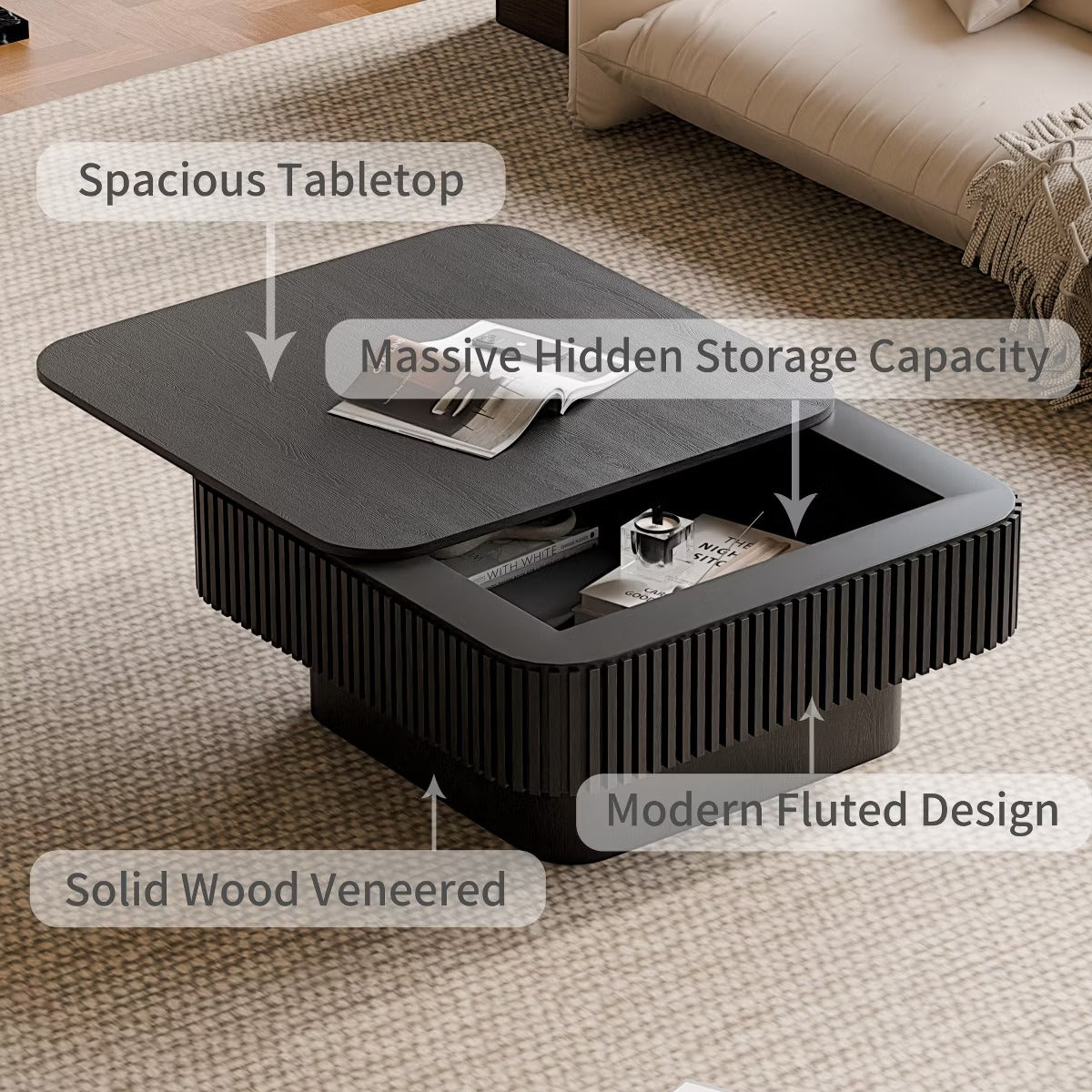 Storage Coffee Table, 31.5-Inch Square with Hidden Flip-Top Lid