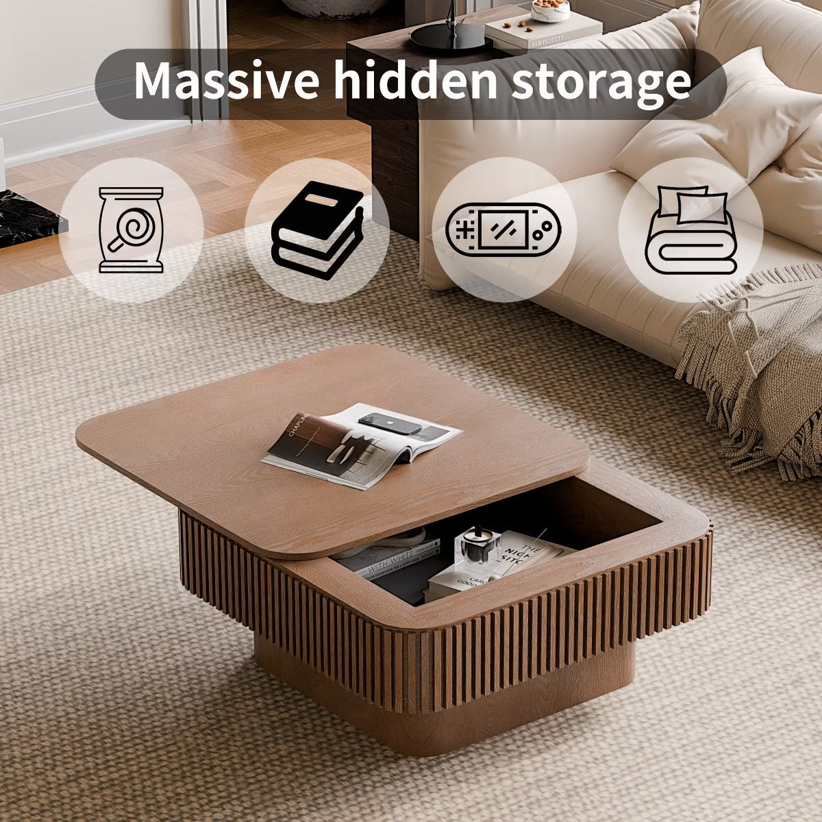 Storage Coffee Table, 31.5-Inch Square with Hidden Flip-Top Lid