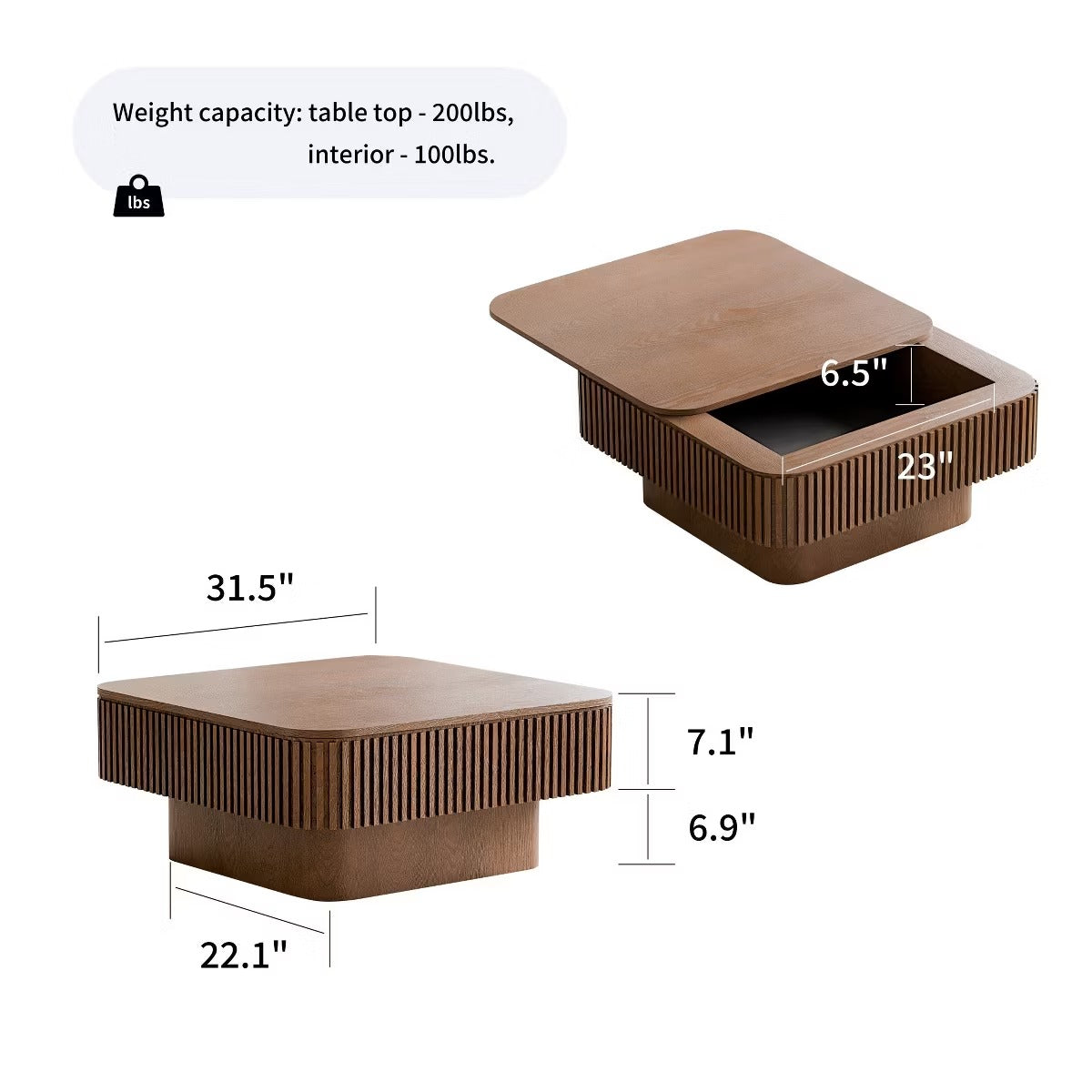 Storage Coffee Table, 31.5-Inch Square with Hidden Flip-Top Lid