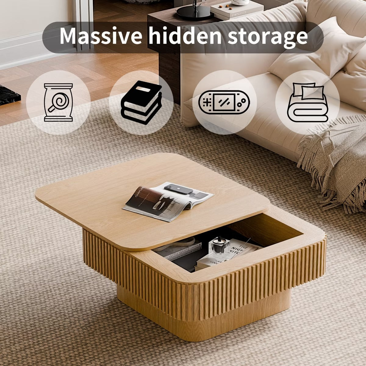 Storage Coffee Table, 31.5-Inch Square with Hidden Flip-Top Lid