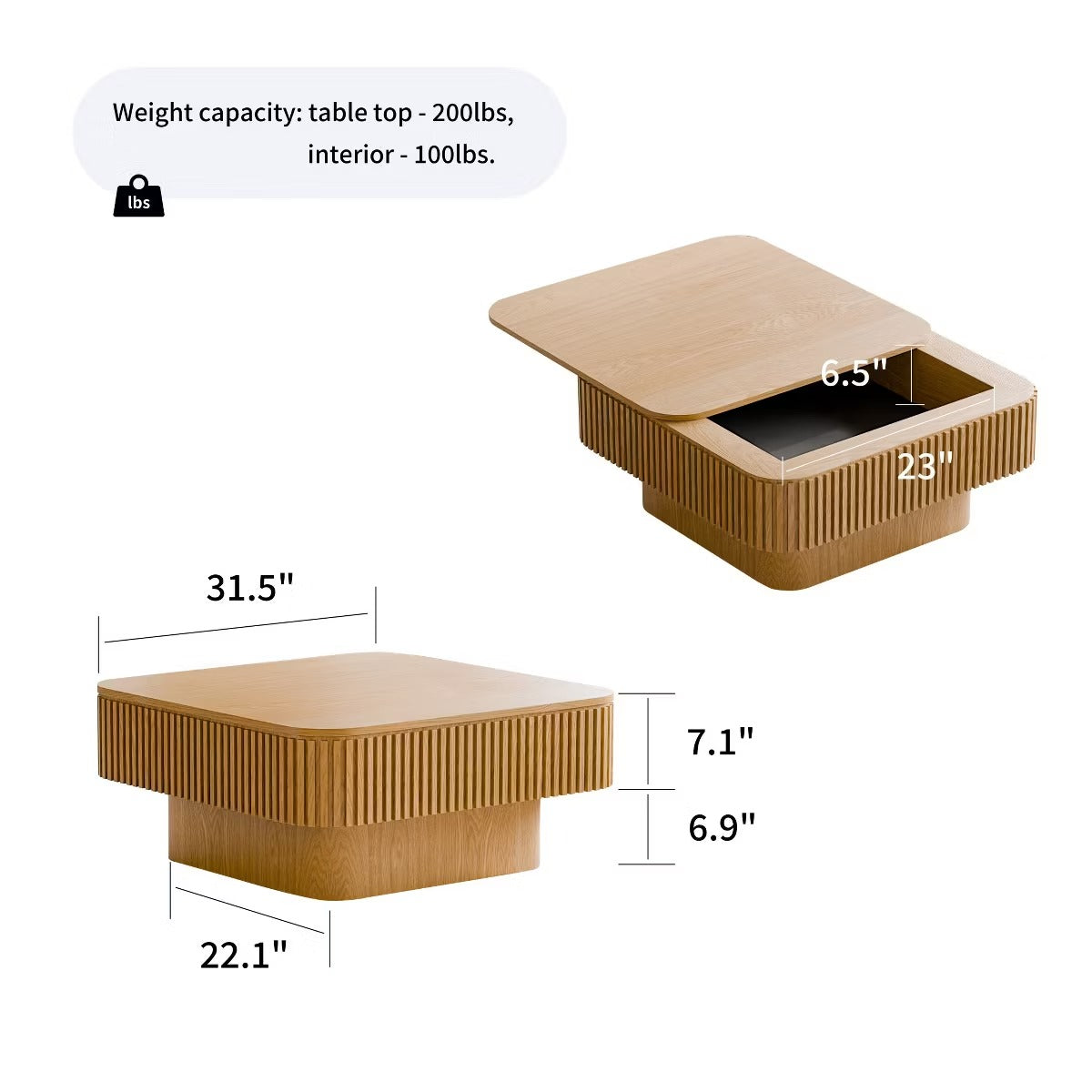 Storage Coffee Table, 31.5-Inch Square with Hidden Flip-Top Lid