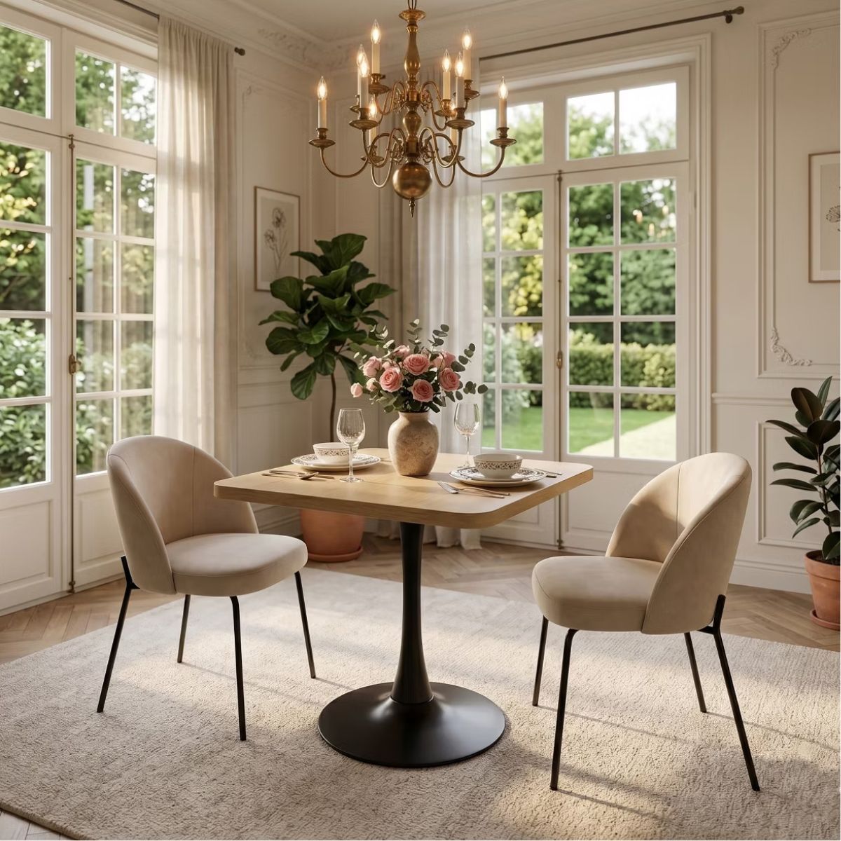 Modern Square Dining Table with Light Oak MDF Top & Tulip Base