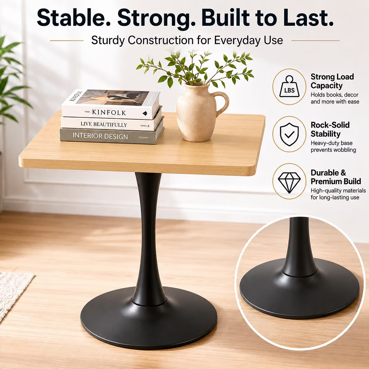 Modern Square Dining Table with Light Oak MDF Top & Tulip Base