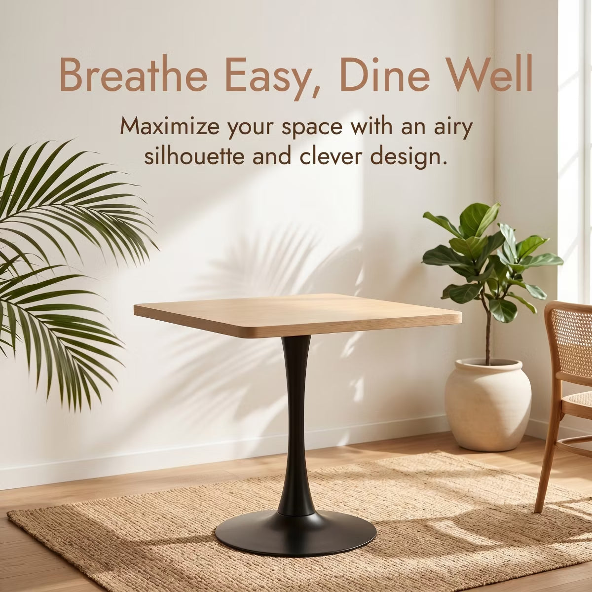 Modern Square Dining Table with Light Oak MDF Top & Tulip Base