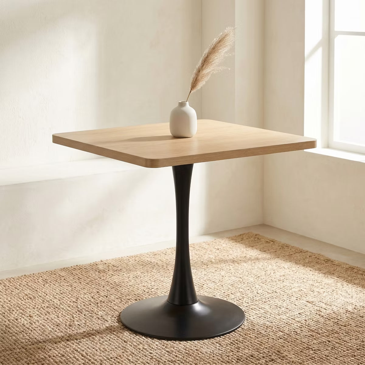 Modern Square Dining Table with Light Oak MDF Top & Tulip Base
