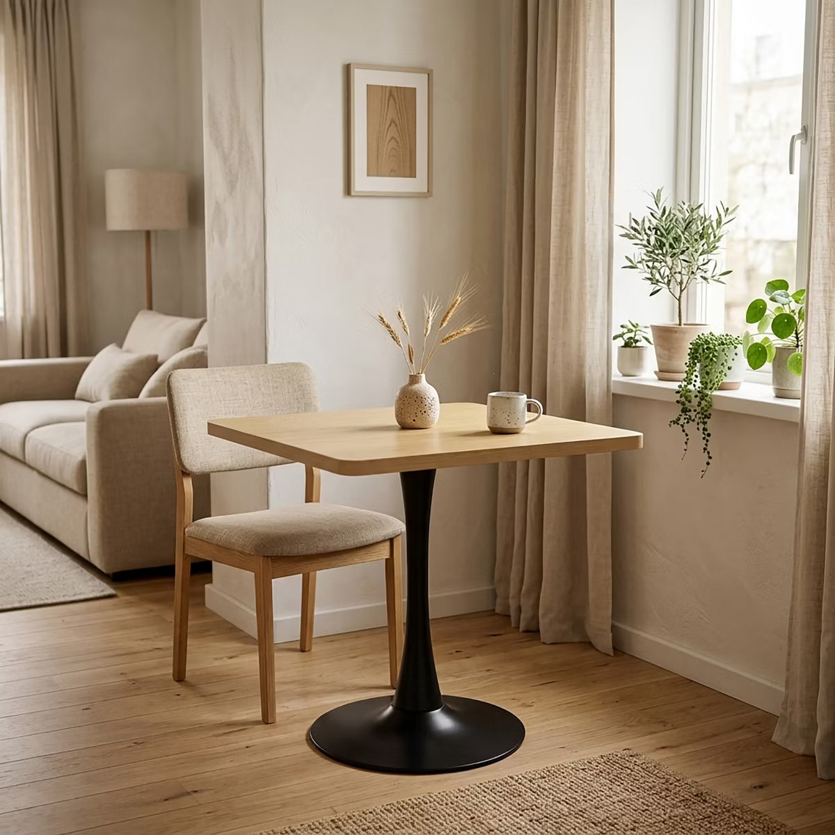 Modern Square Dining Table with Light Oak MDF Top & Tulip Base