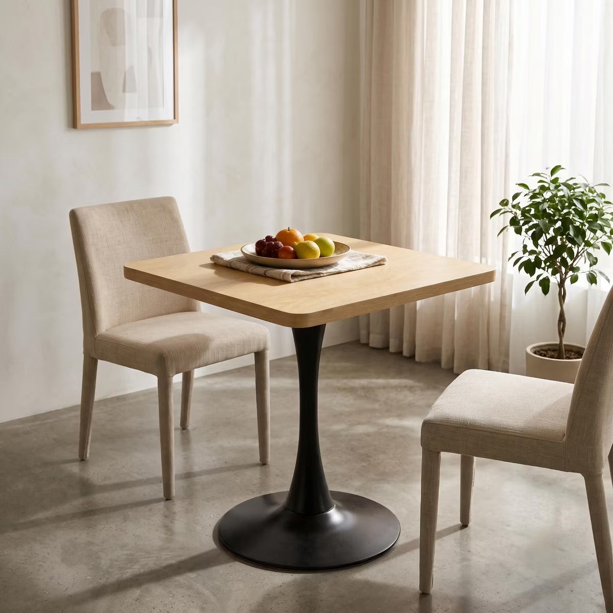 Modern Square Dining Table with Light Oak MDF Top & Tulip Base