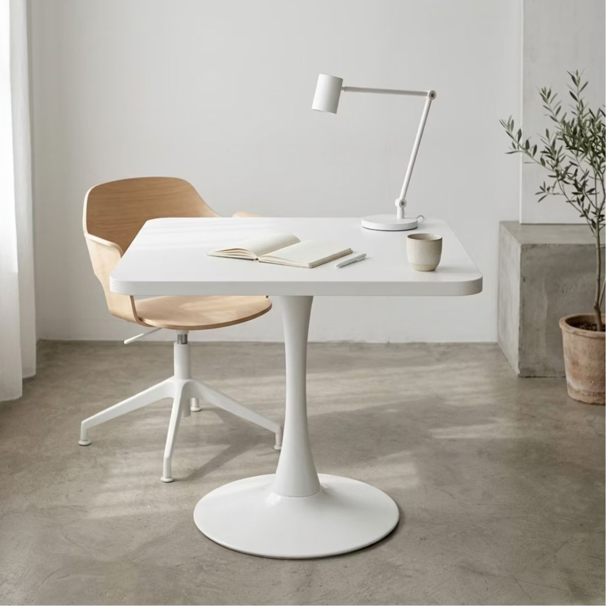 Modern Square Dining Table with Light Oak MDF Top & Tulip Base