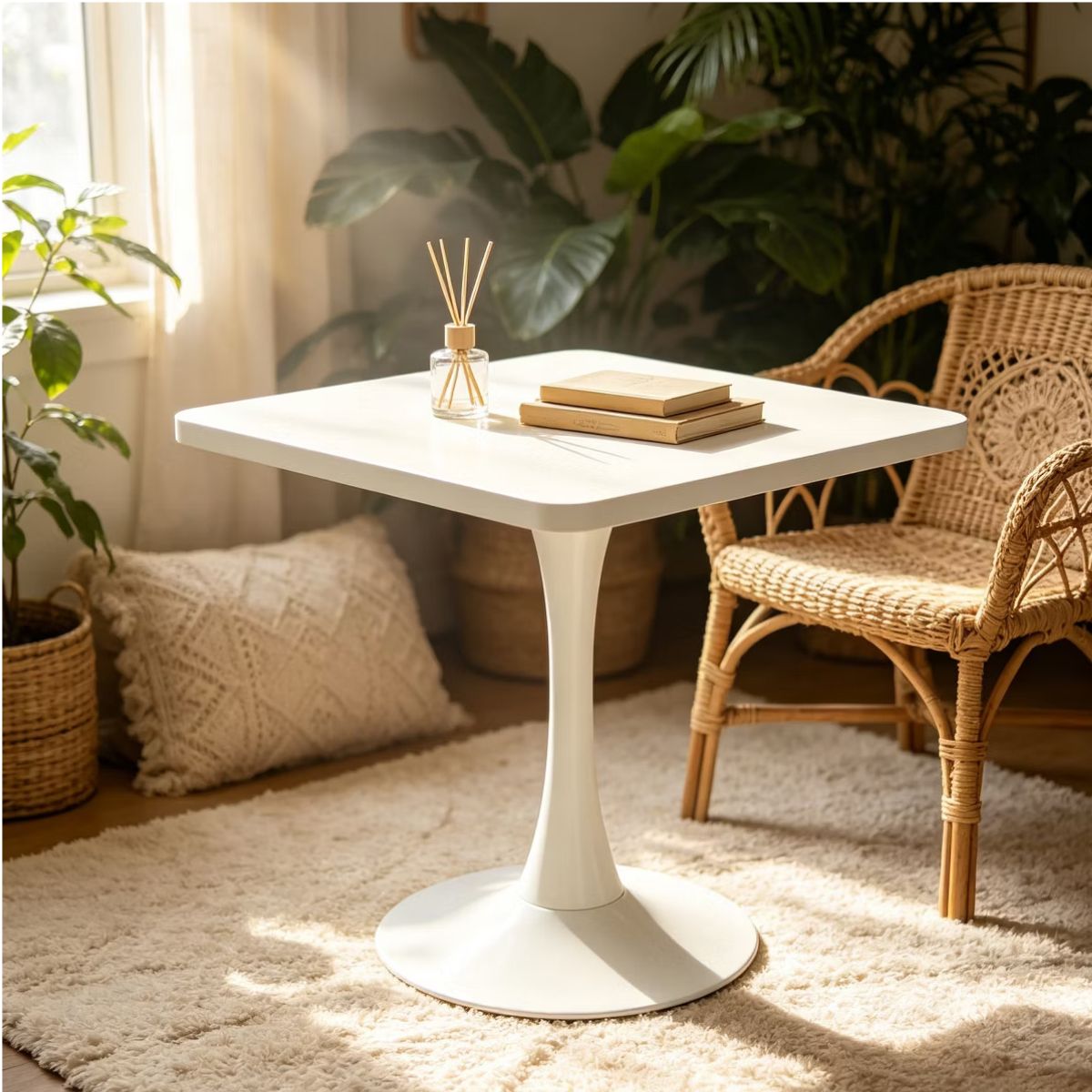 Modern Square Dining Table with Light Oak MDF Top & Tulip Base