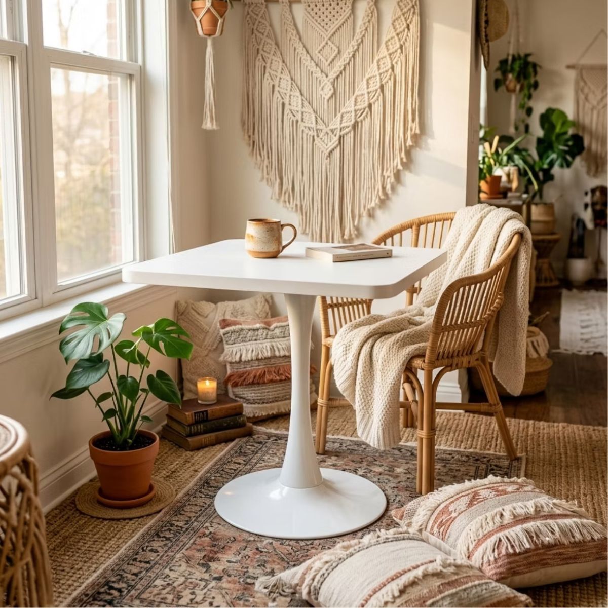 Modern Square Dining Table with Light Oak MDF Top & Tulip Base
