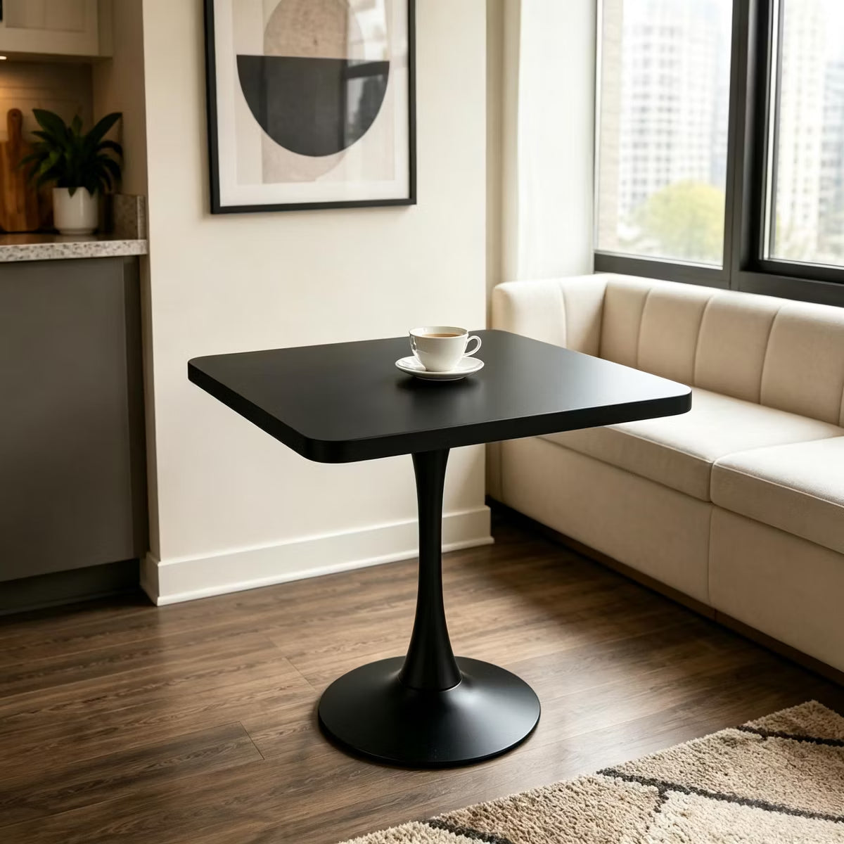 Modern Square Dining Table with Light Oak MDF Top & Tulip Base