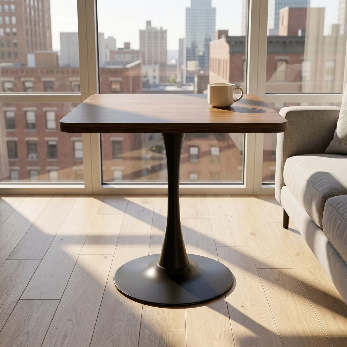 Modern Square Dining Table with Light Oak MDF Top & Tulip Base
