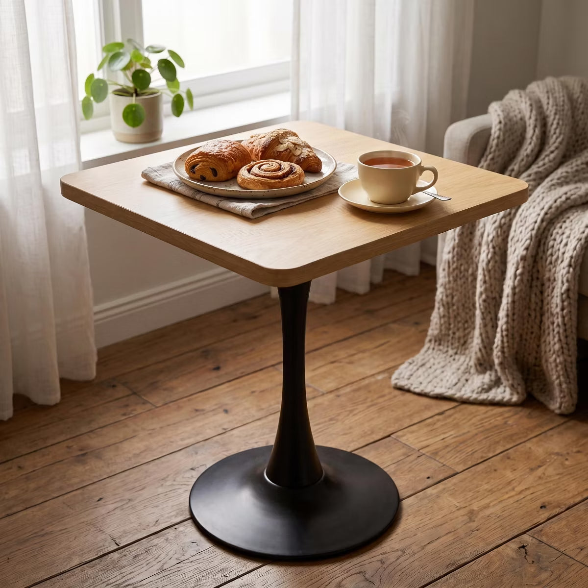 Modern Square Dining Table with Light Oak MDF Top & Tulip Base