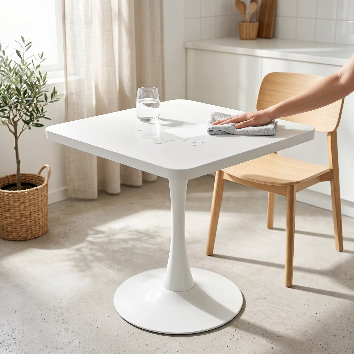 Modern Square Dining Table with Light Oak MDF Top & Tulip Base