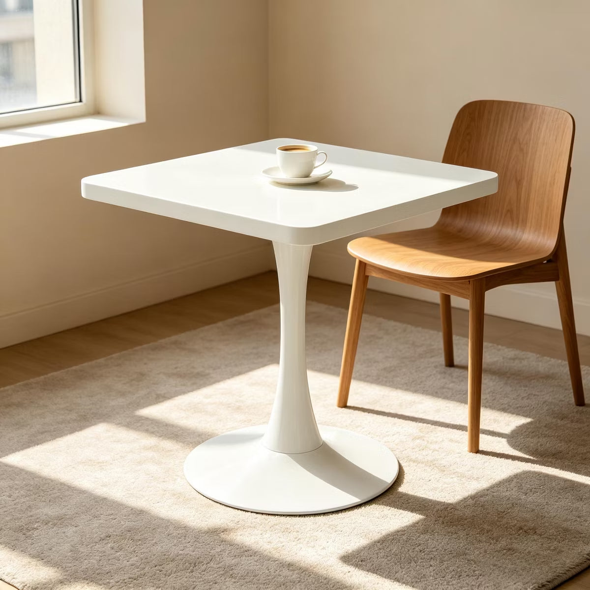 Modern Square Dining Table with Light Oak MDF Top & Tulip Base