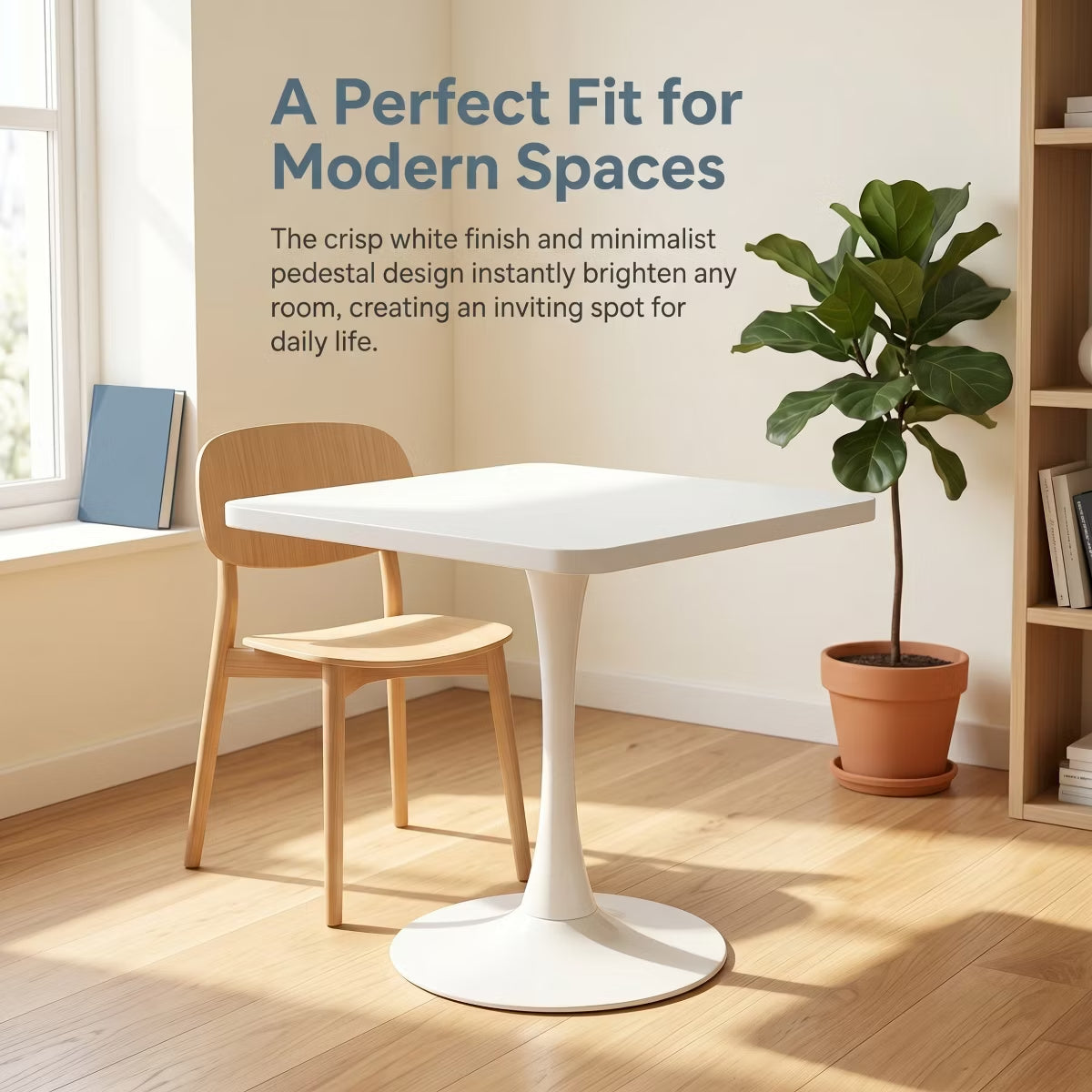 Modern Square Dining Table with Light Oak MDF Top & Tulip Base