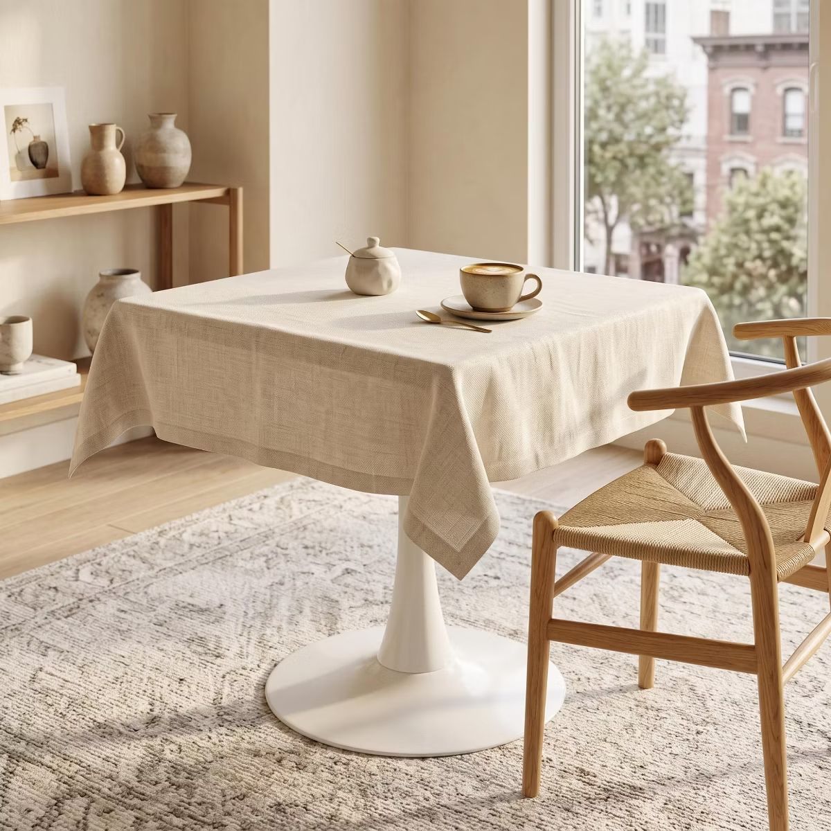 Modern Square Dining Table with Light Oak MDF Top & Tulip Base