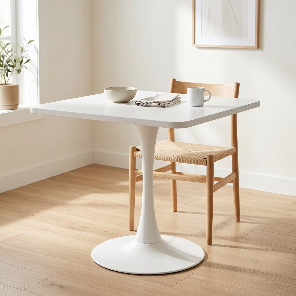 Modern Square Dining Table with Light Oak MDF Top & Tulip Base