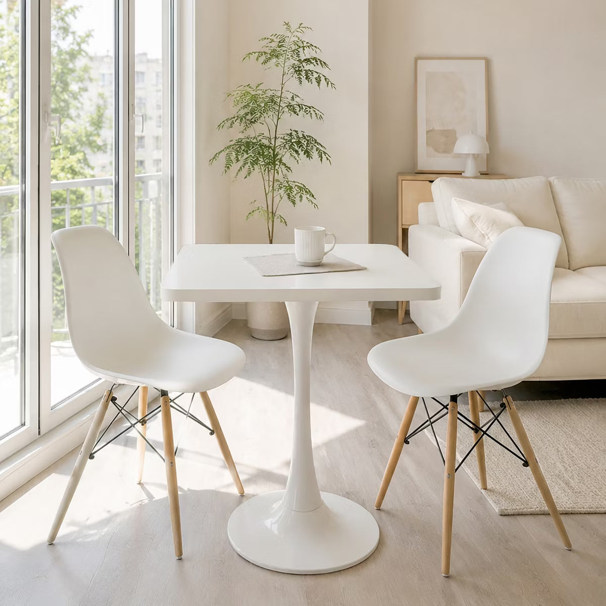 Modern Square Dining Table with Light Oak MDF Top & Tulip Base