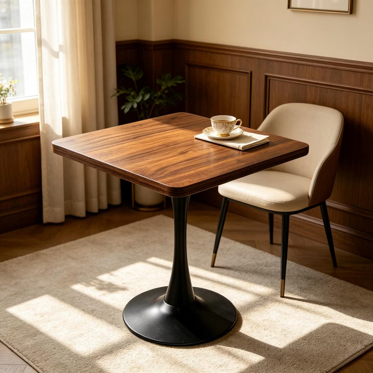 Modern Square Dining Table with Light Oak MDF Top & Tulip Base