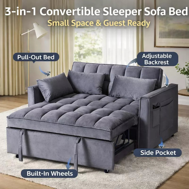 3-in-1 Velvet Sofa Bed with Pull-Out Bed & Adjustable Backrest for Small Spaces