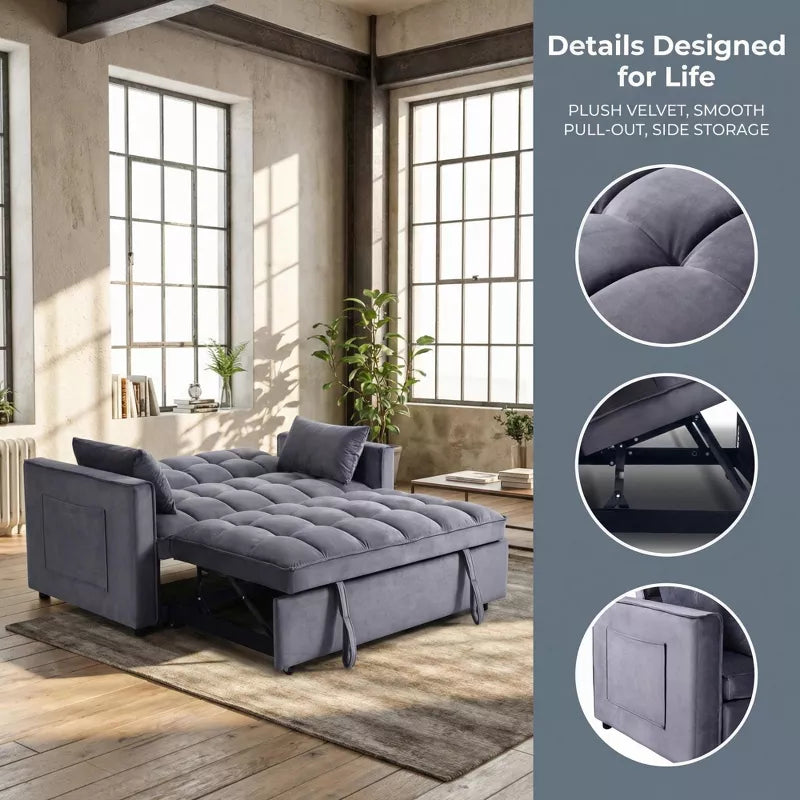 3-in-1 Velvet Sofa Bed with Pull-Out Bed & Adjustable Backrest for Small Spaces