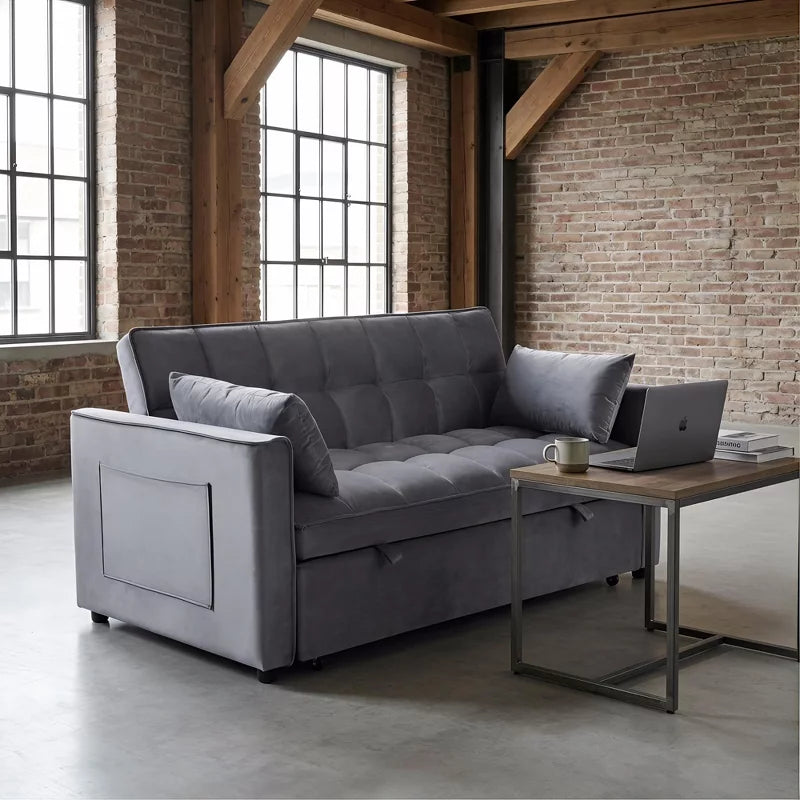 3-in-1 Velvet Sofa Bed with Pull-Out Bed & Adjustable Backrest for Small Spaces