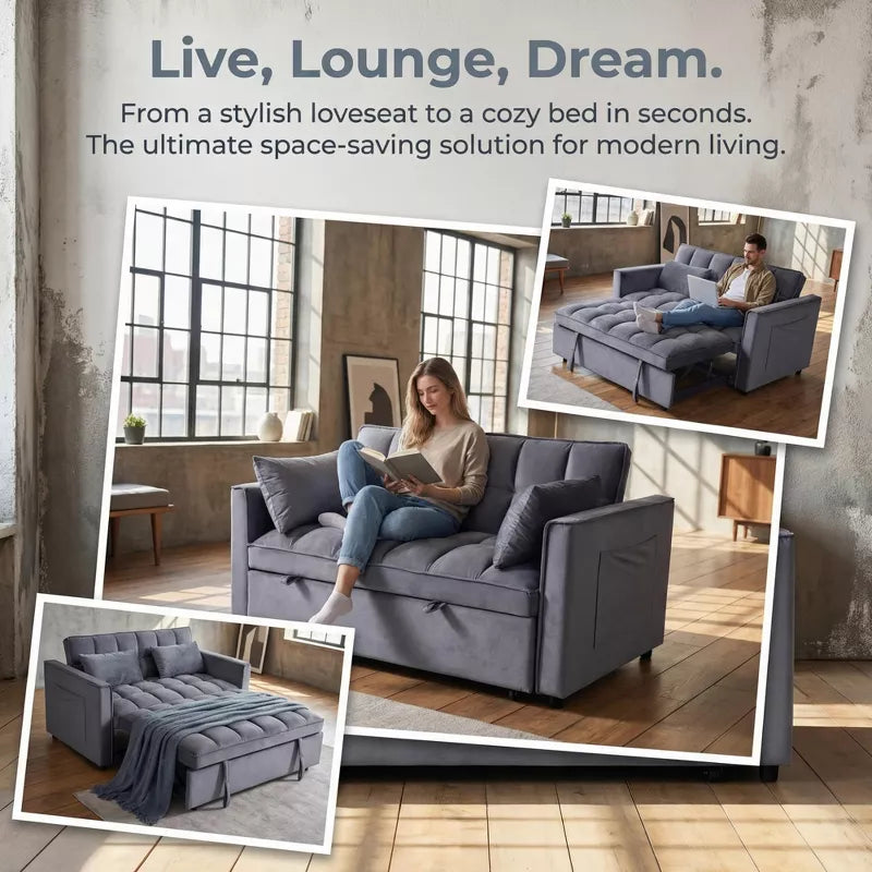 3-in-1 Velvet Sofa Bed with Pull-Out Bed & Adjustable Backrest for Small Spaces