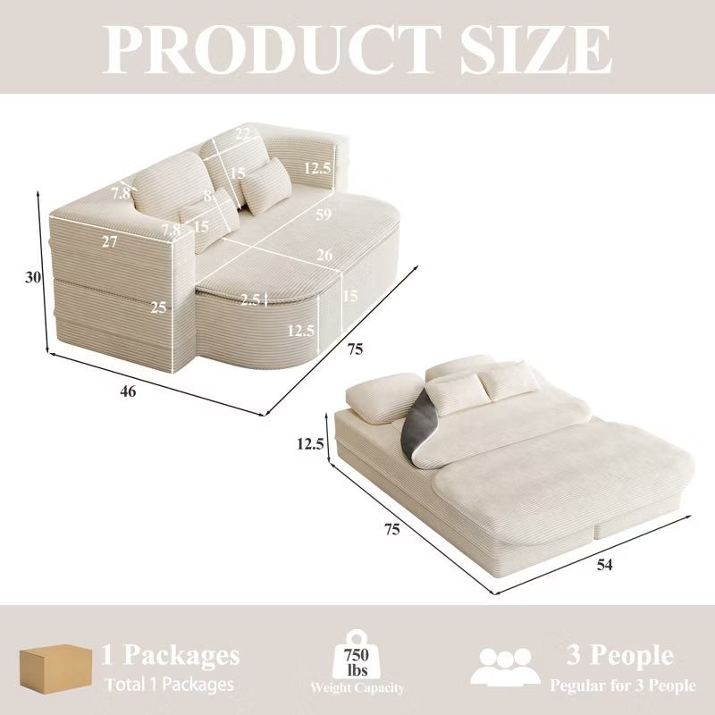 Modern 2-in-1 Corduroy Sofa Bed for Living Room & Bedroom