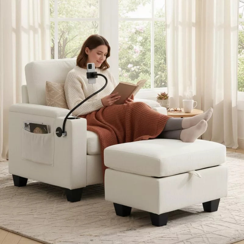 Single Recliner Sofa with Adjustable Backrest, Storage Ottoman & Phone Stand, Living Room Armchair
