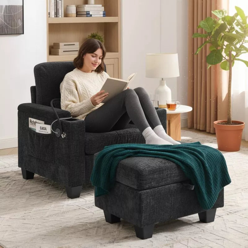 Single Recliner Sofa with Adjustable Backrest, Storage Ottoman & Phone Stand, Living Room Armchair